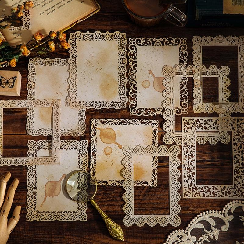 10-sheet Junk Journal Vintage Yellowed Coffee Dyed Hollow Lace Material Paper DIY Scrapbooking Collage Diary Album Decor