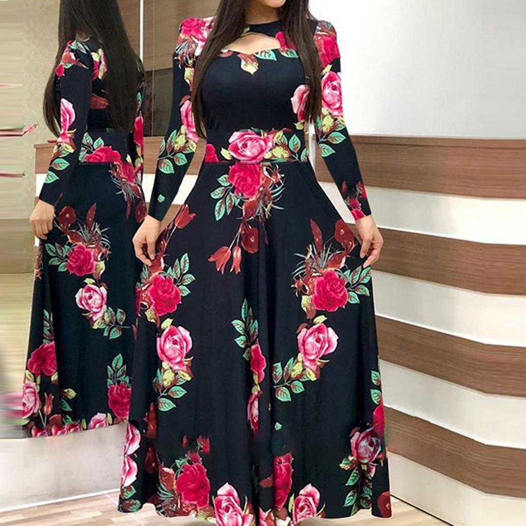 

Модное женское длинное платье с цветочным принтом в стиле бохо с длинным рукавом, женское повседневное платье XXXL чёрный