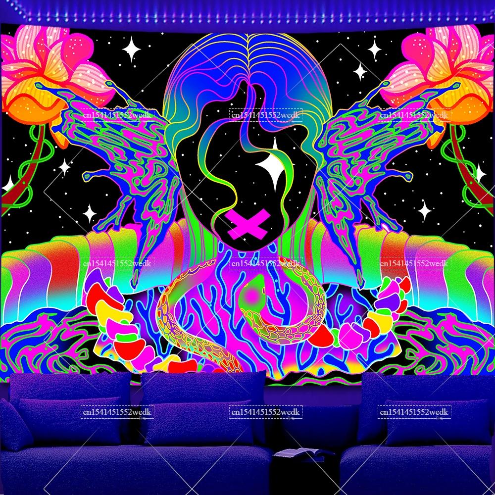Skeleton Eye Blacklight Mushroom Tapestry UV Reactive Sun And Moon Neon Tapestrys Glow In The Dark Aesthetic Room Decor Posters