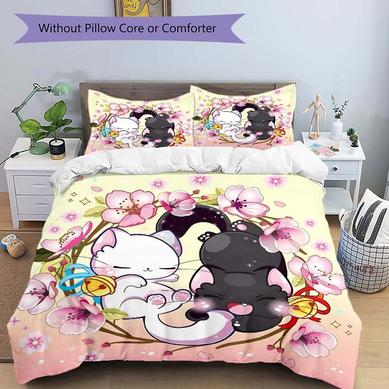 

3pcs Creative Adorable White Cat and Black Cat Printed Bedding Set, Soft and Comfortable Quilt Cover for Bedroom, Guest Room M036 135x200cm