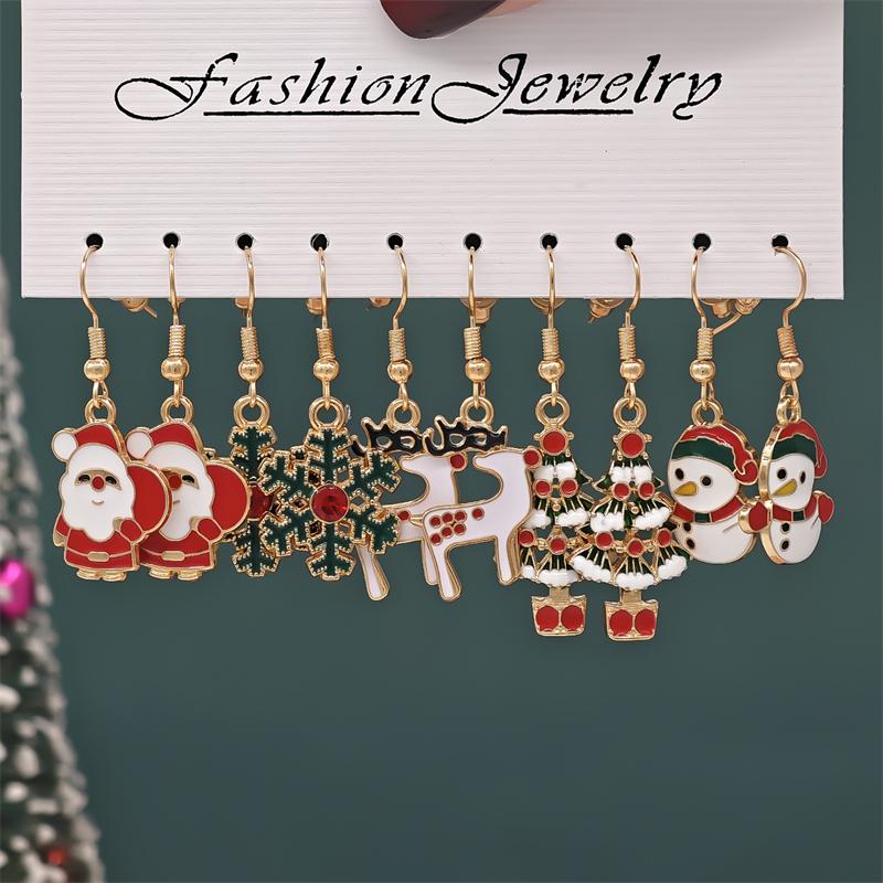 5 Pairs Christmas Earring Set For Women Cartoon Dripping Oil Santa Claus Snowflake Xmas Tree Elk Earrings New Year Party Jewelry