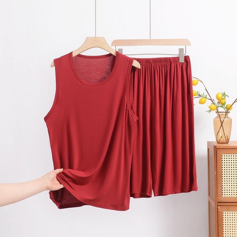Herren Modal Weste Shorts Sommer Locker Große Größe Ärmelloses T-Shirt Außentasche Hauspyjama Hosen Set