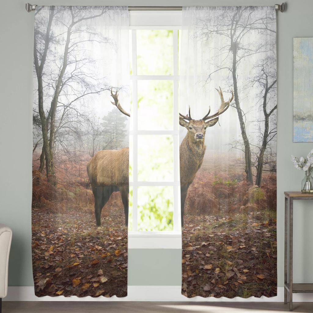Deer Autumn Winter Forest Modern Sheer Curtains For Living Room Bedroom Tulle Curtains Window Voile Curtain Kitchen Hotel Decor