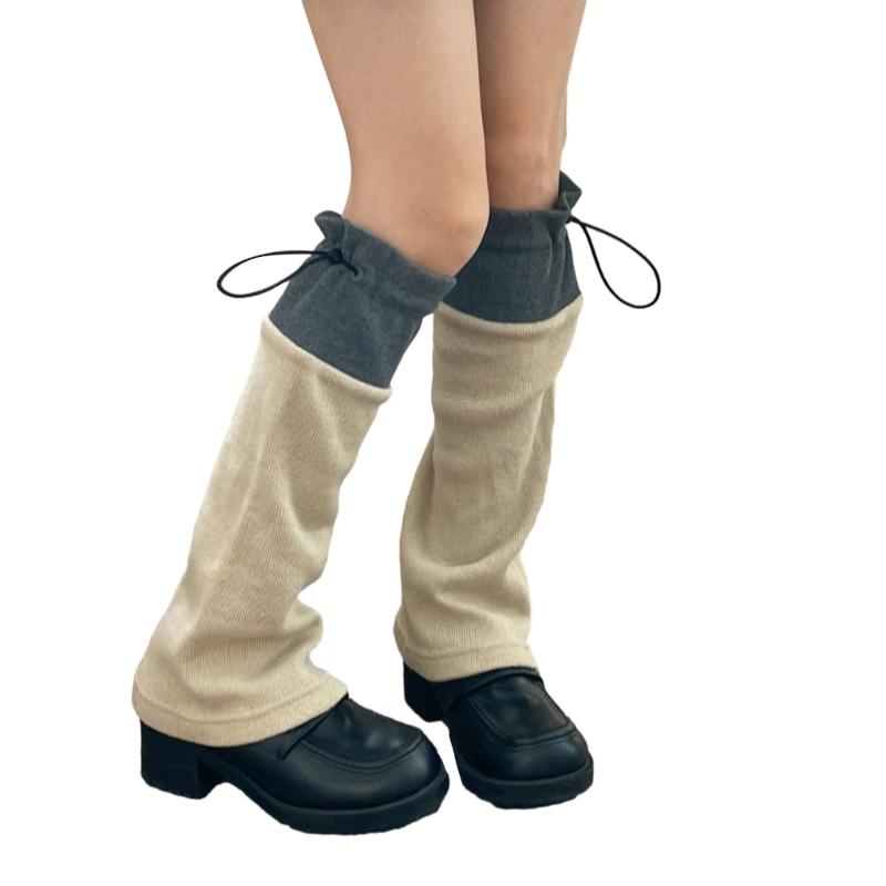 Winter Autumn Knitted Drawstring Leg Warmer Gothic Colorblock Foot Covers Flared Hem Loose Knee High Socks for Women