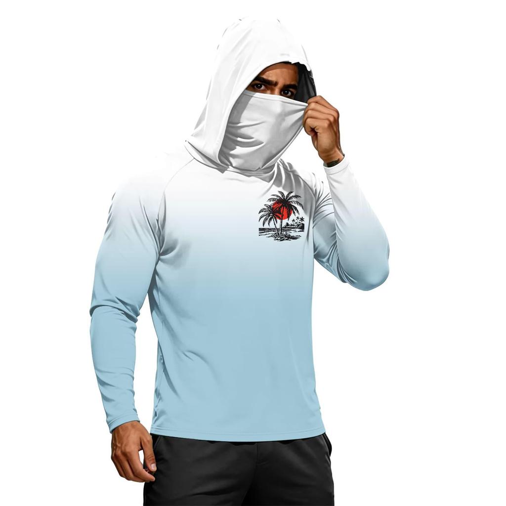 Men’s Long Sleeve Hooded Sun T Shirt with Tree Print Lightweight 50 Plus Quick Dry Athletic Top for Outdoor Sports