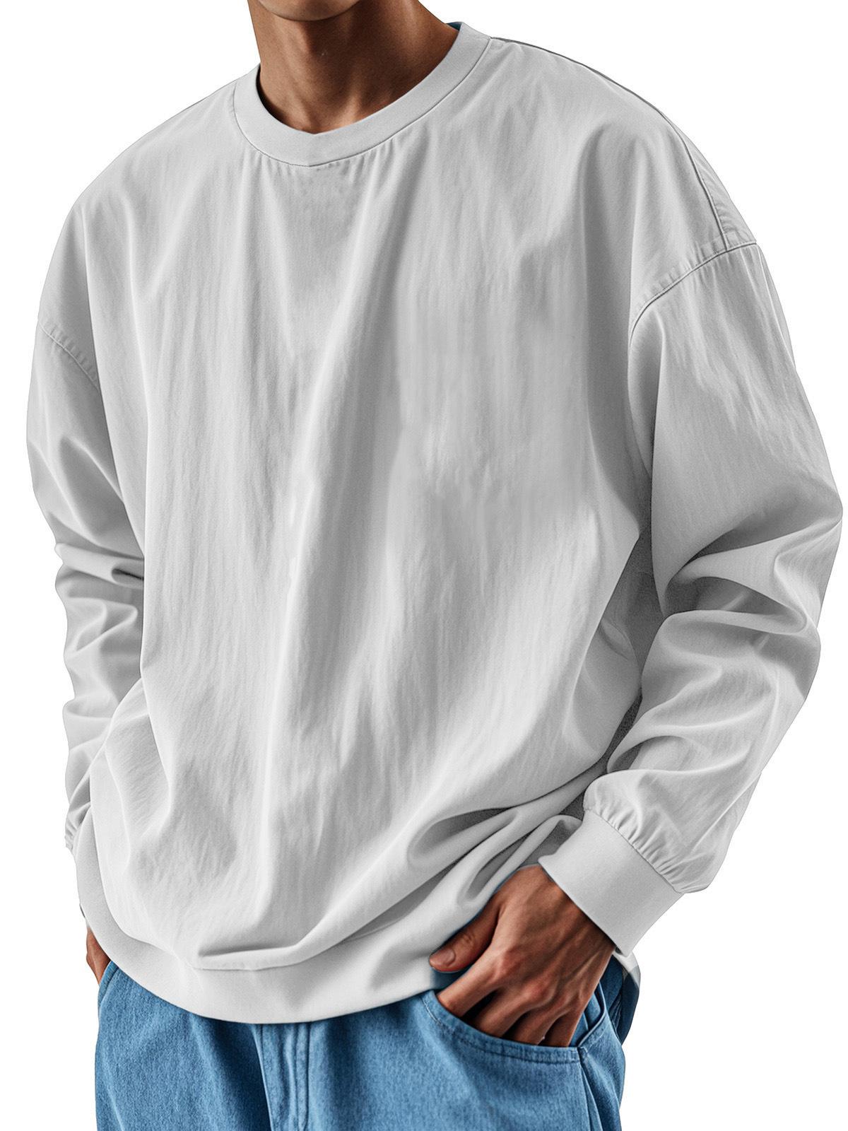 

2026 Men Korean Style Solid Color Tshirts Men Round Neck Long Sleeve T-Shirt Men Casual Trendy Loose-Fit Base Top Tees 3XL білий