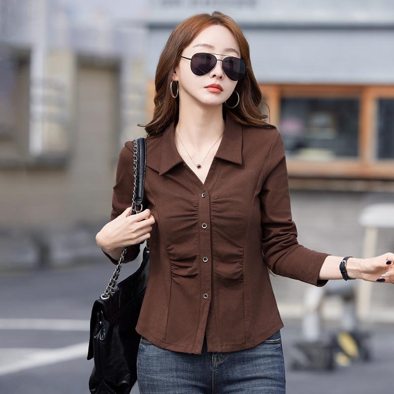 Women's Slim Fit Lapel Button Fold Cardigan Waist Slimming Long Sleeve Top