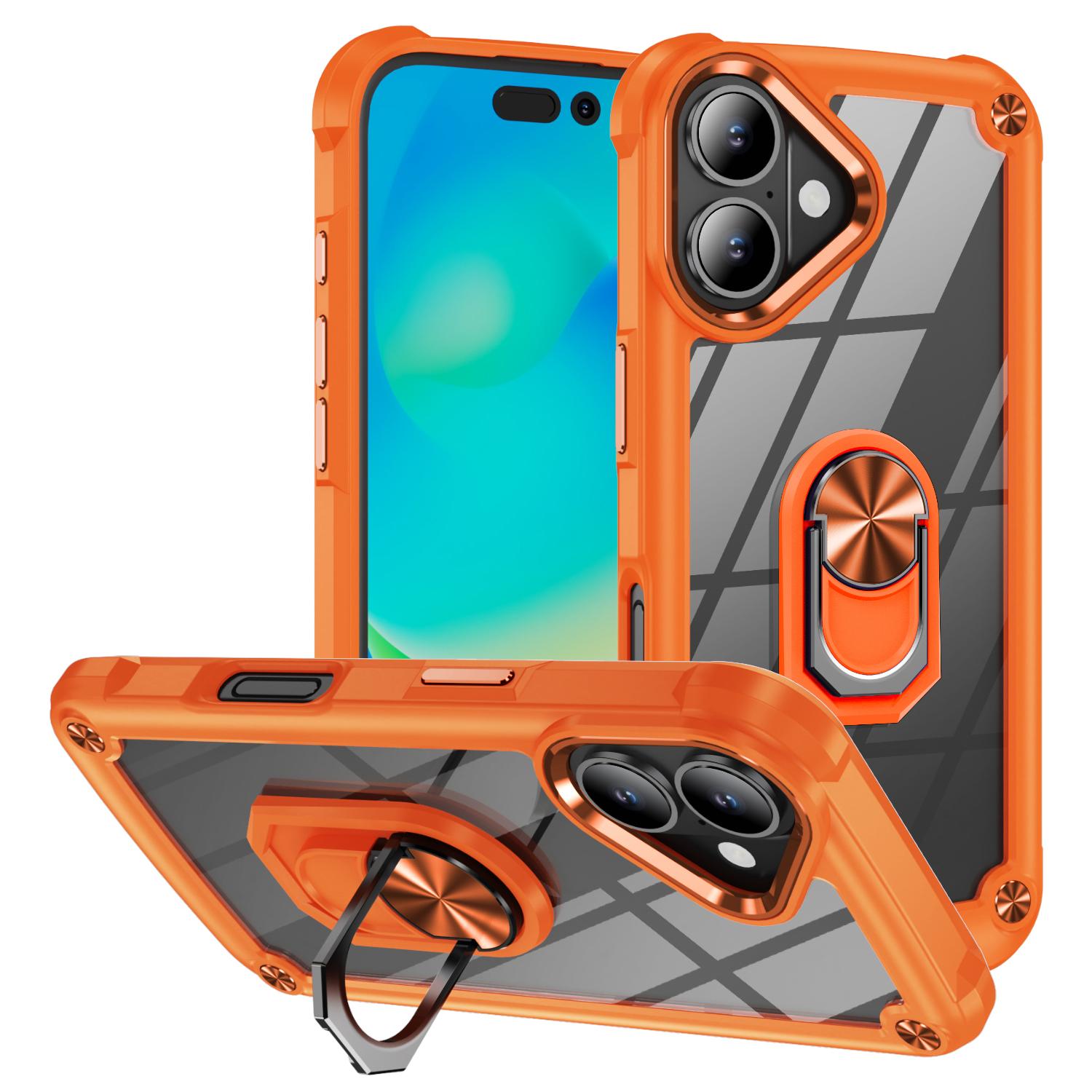 

For iPhone 16 Case Alloy Lens Frame PC+TPU Kickstand Phone Back Cover Orange
