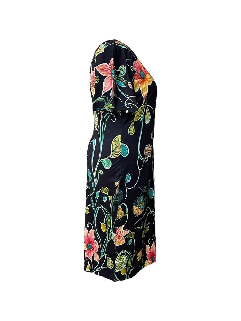 2026 Spring/Summer Women's Elegant Plus Size Printed Short Sleeve Dress - European & American Style