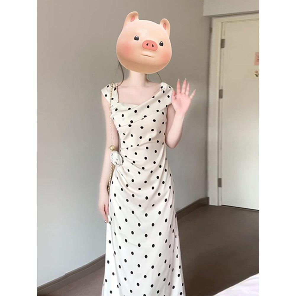 Polka dot suspender white three-dimensional flower waist sleeveless dress spring and summer women's long and thin dress