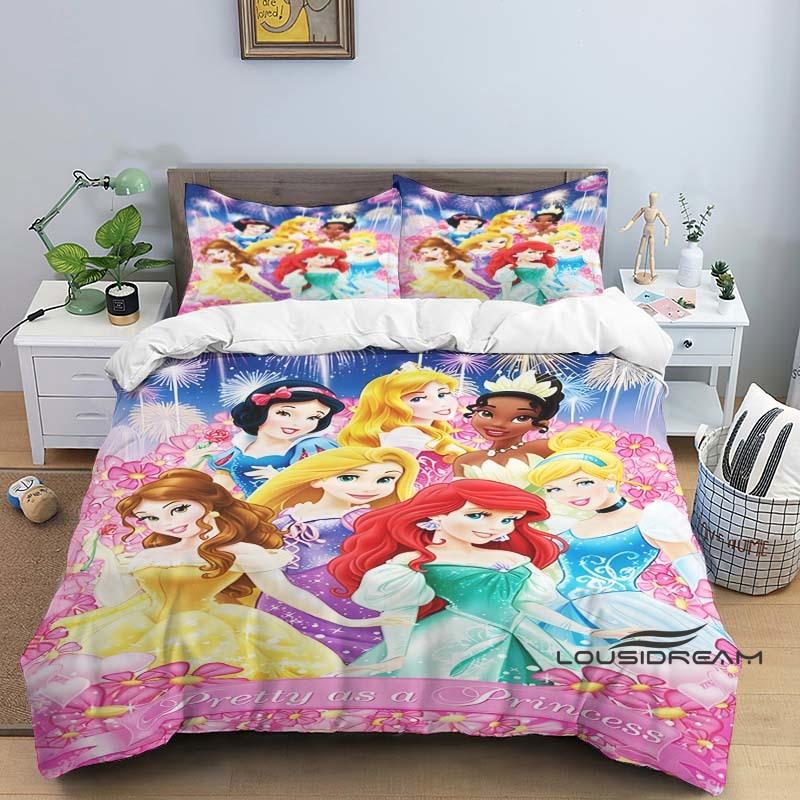 1pcDisney Princess 3D Printed Duvet Cover and Pillowcase Bedding Set, Suitable for Single, Double, King, and Queen Beds.