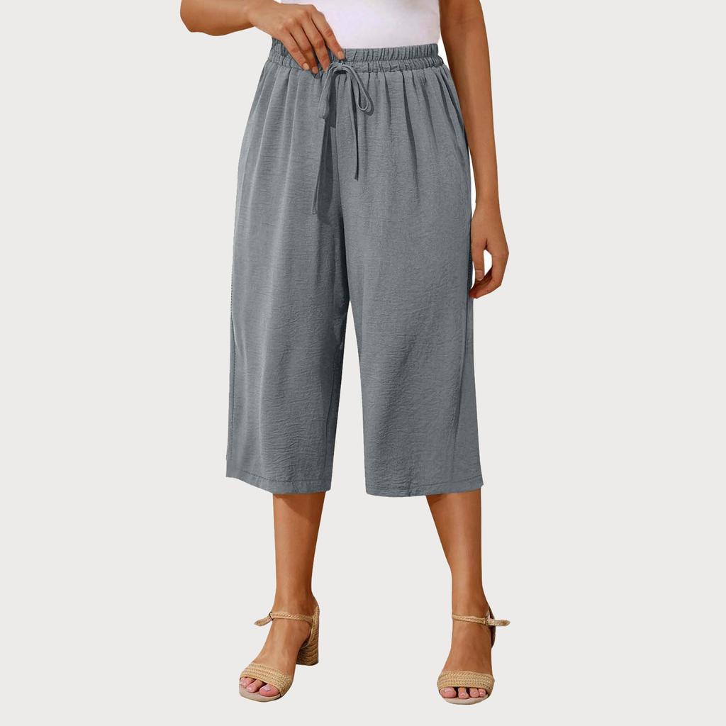 Women's High Waist Solid Color Casual Trousers Workout Pants 1/2 Shorts