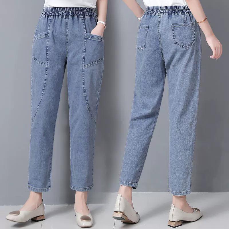 Women Casual Denim Ankle-length Pants Vintage Mom Baggy Vaqueros Elastic High Waist Spring Summer Harem Jeans