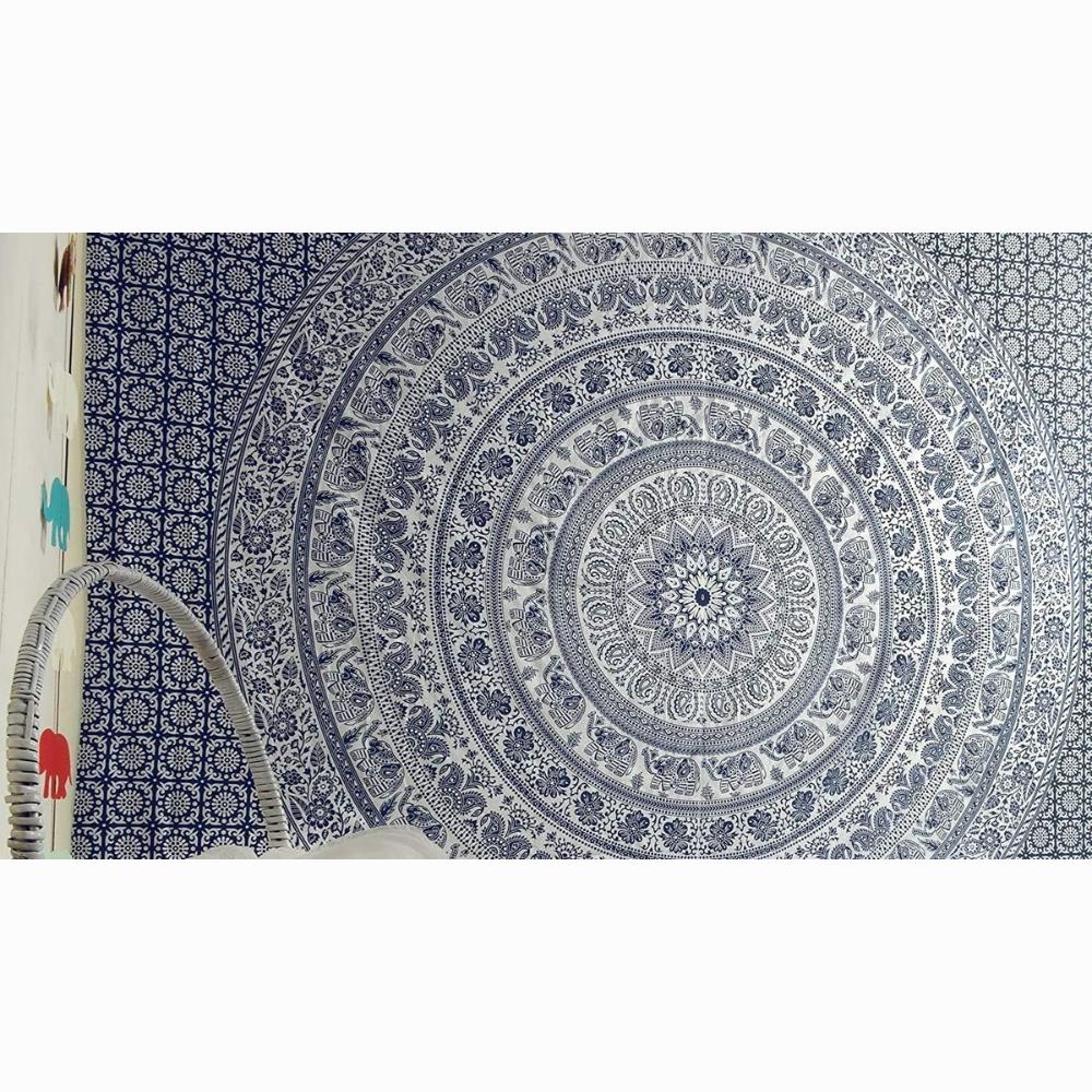 BLESS INTERNATIONAL Ručně vyráběné indické hippie Bohemian Psychedelic Elephant Mandala Tapiserie na zeď (Námořnická modrá a stříbrná)