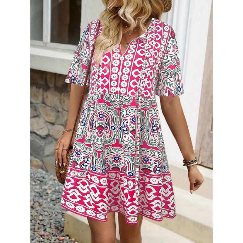 JKASHDK Damenmode Sommer Frühling Einfarbig Druck Kurzarm V-Ausschnitt Lose Taille Freizeitkleider