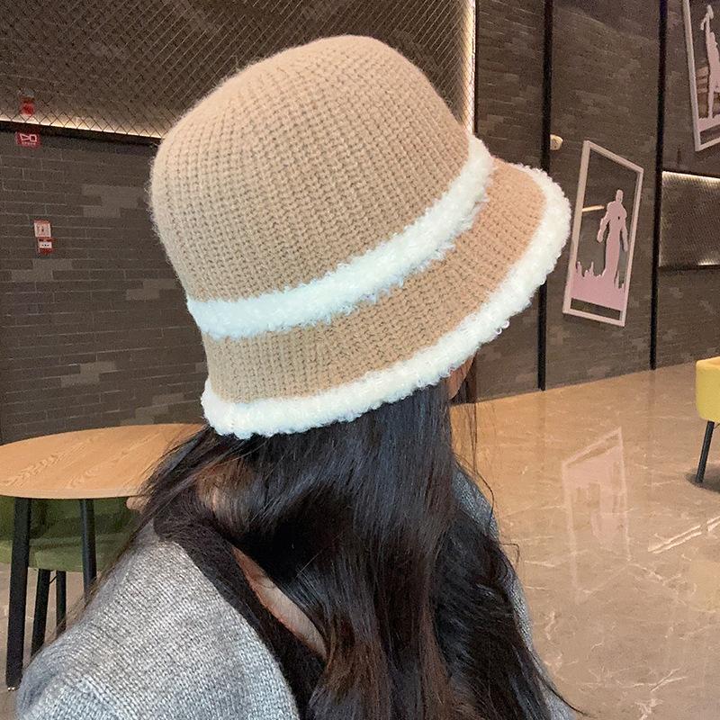 Knitted bucket hat women's new autumn and winter lamb plush color matching bucket basin hat versatile thermal shade basin hat
