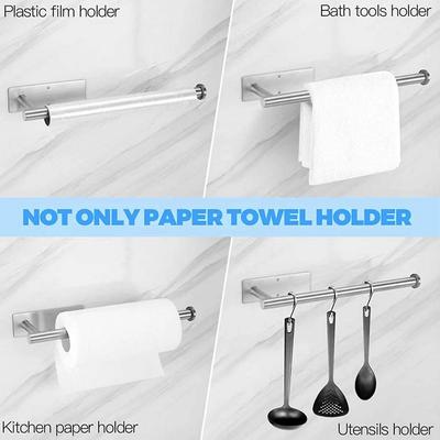 2 PEÇAS suporte de papel toalha tubular circular de fundo quadrado não perfurado, suporte de papel toalha de cozinha sob o armário, feito de aço inoxidável