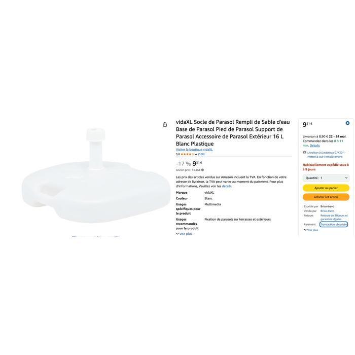 Base de parasol - EDM - Remplissable - 16 litres - Blanc - Carré