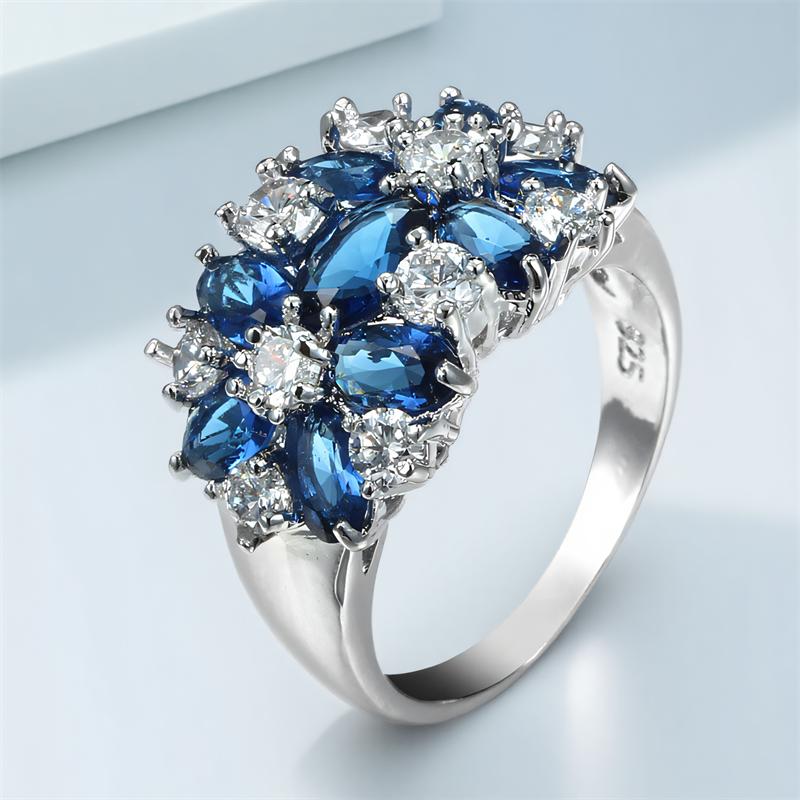Blue Crystal White Zircon Star Flower Rings For Women CopperColor Engagement Promise Band Wedding Jewelry Valentine's Day Gifts