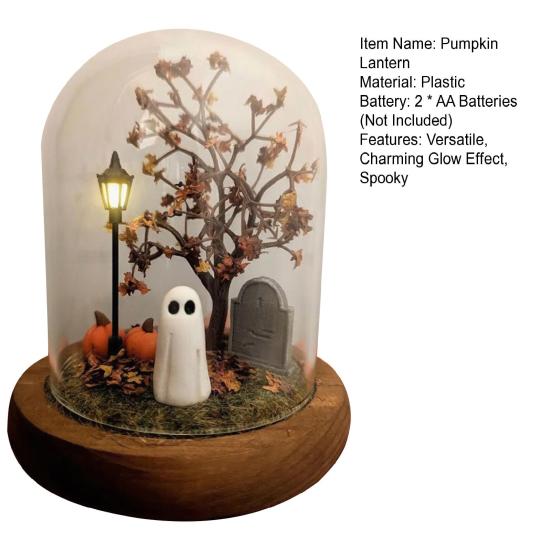 Halloween Ghost Pumpkin Lantern Lighted Glass Dome Cloche Horror Desktop Ornament for Home Fireplace Table Indoor Night Light