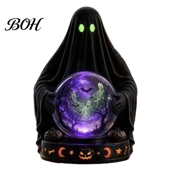 Samlarobjekt i vintagestil med LED-ljus, Halloween-dekor i falsk kristallkula, Hartsfigur av häxa/skelett/katt/spöke med läskig hemdekor