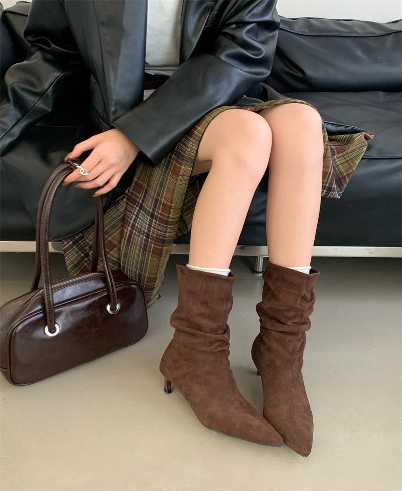 

Южная Корея Дондэмун 2025 осень и зима новая тонкий каблук средний каблук острый носок присборенные ботильоны тонкие ботильоны ботинки мартин женская обувь 39 коричневый