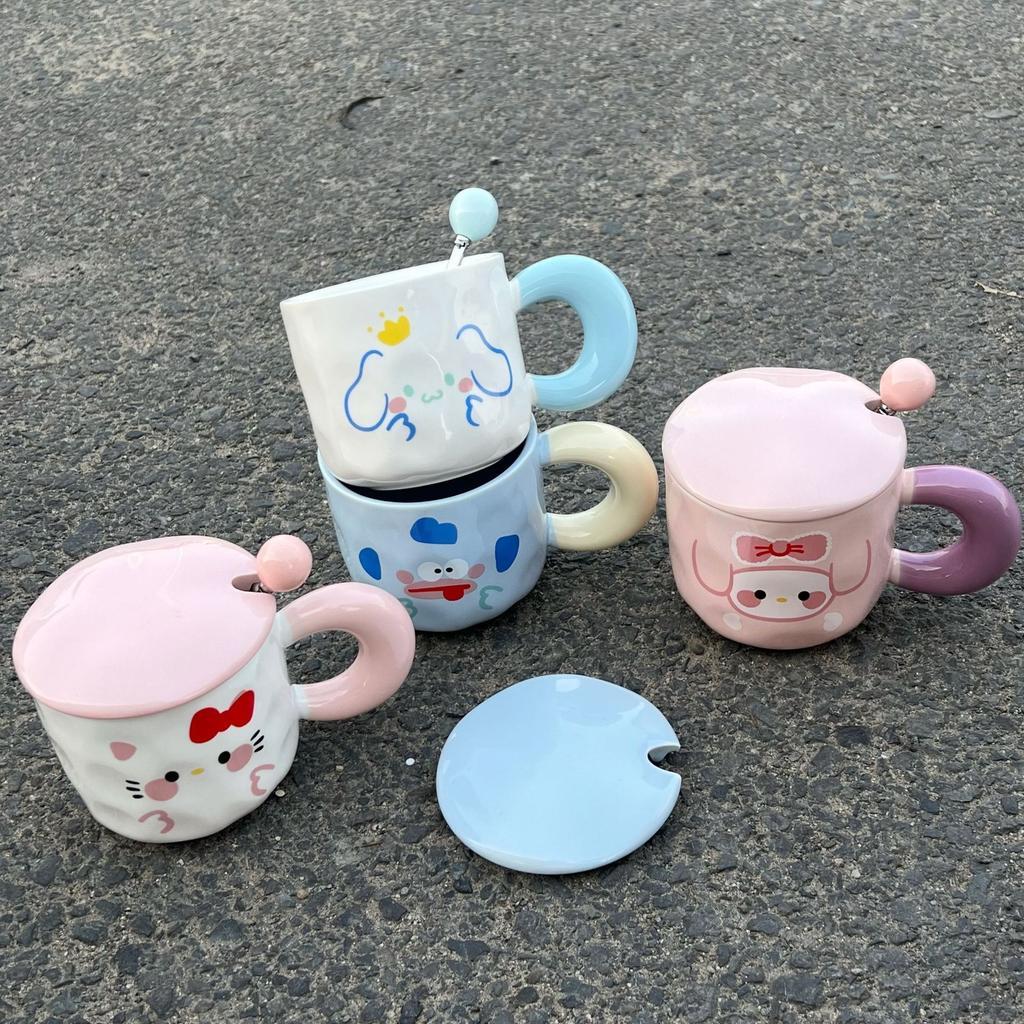 Cute Expression Mug with Lid Spoon Ceramic Cup Girls Couple Water Cup Home Children Breakfast Coffee Cup Men