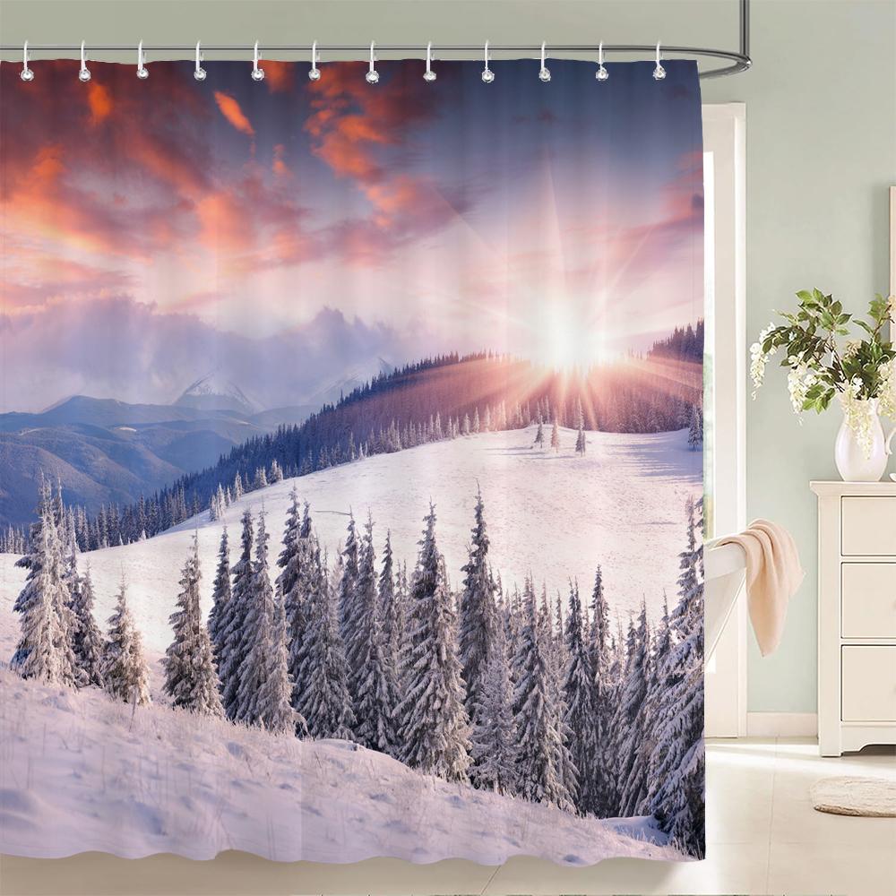 1 szt. Zimowy krajobraz Zasłona prysznicowa Scena śnieżna Drukowana Zasłona łazienkowa Tkanina poliestrowa Wodoodporna Zasłona do dekoracji domu