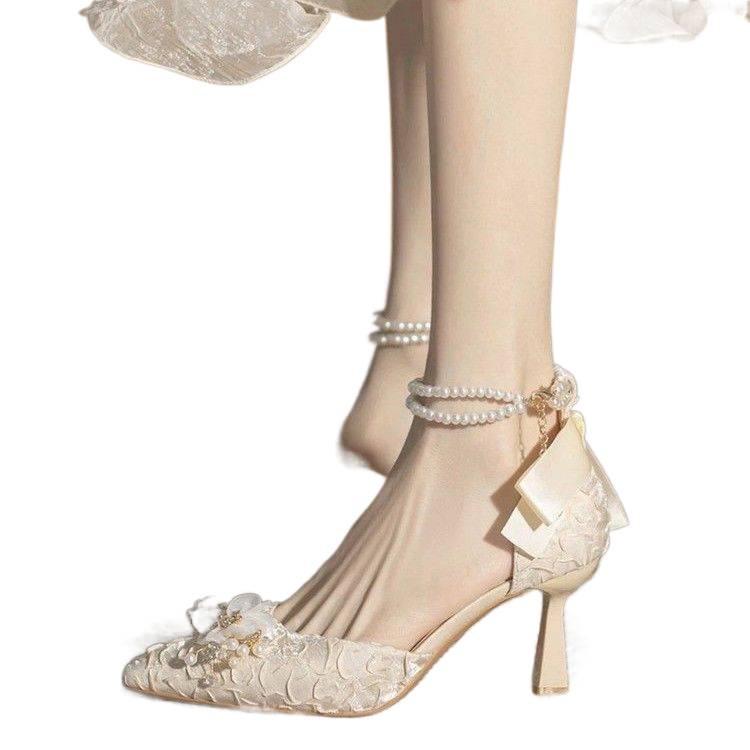 Franska älvstils pärlrem högklackar - Eleganta prinsessbröllopsskor för kvinnor