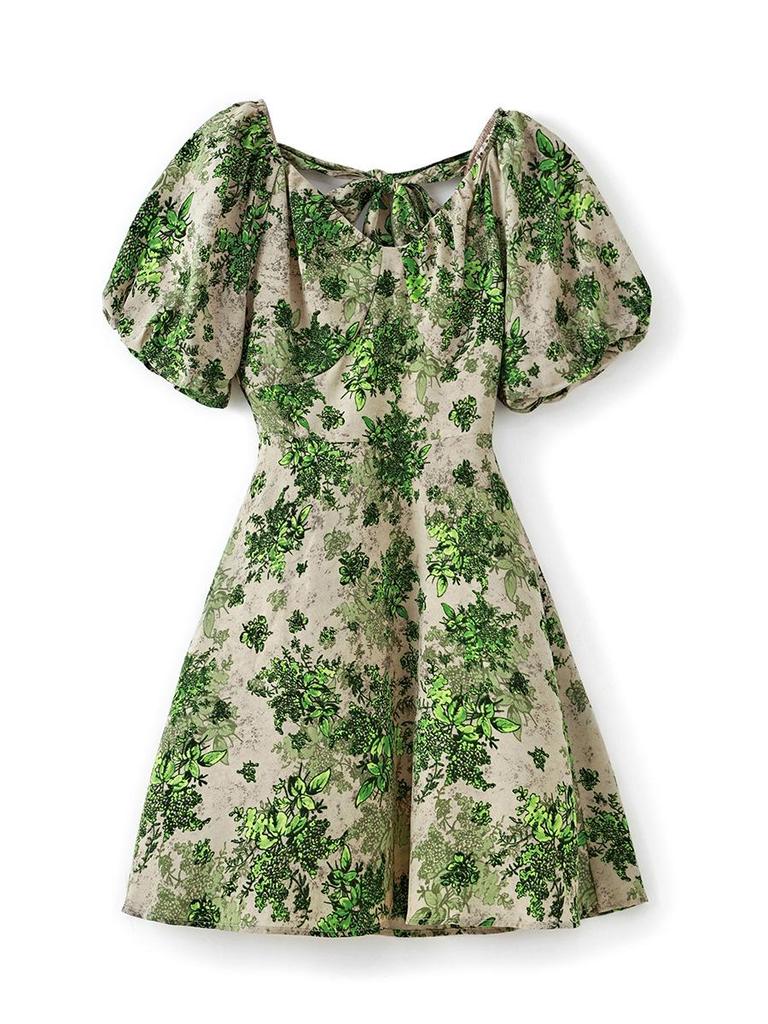 Sweet V-Neck Puff Sleeve Floral Tie-Back Dress