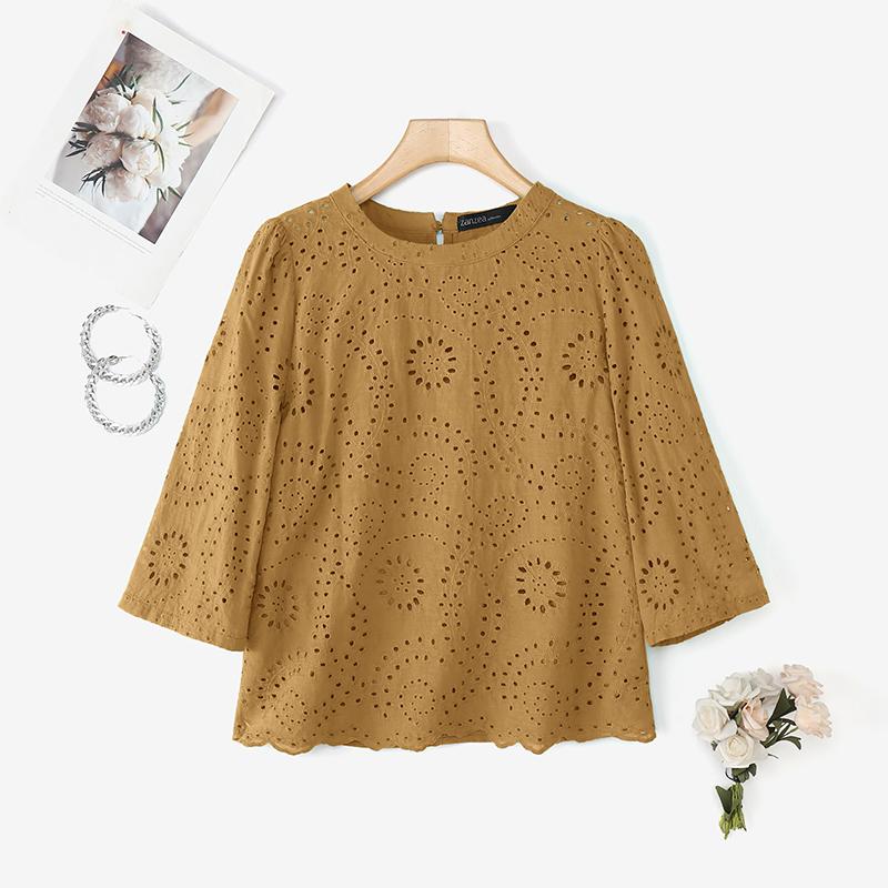 ZANZEA Dame Casual Rund Hals 3/4 Erme Løs Lappeteppe Heklet Bluse