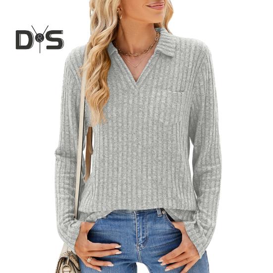 Pull Femme Revers Col V Design Poche Poitrine Manches Longues Couleur Unie Tricot Tops Maille Côtelée Pull Décontracté