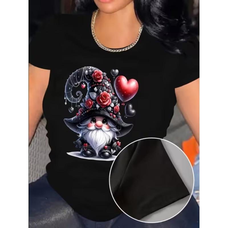 Vintage Holiday Snowflake Elements Cute Cartoon Santa Lady Large Size Loose Holiday Crew Collar Short Sleeve T-Shirt Top
