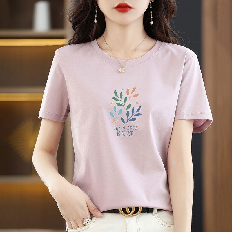 White Short Sleeved T-shirt for Women, Loose Printed T-shirt for Upper Garment