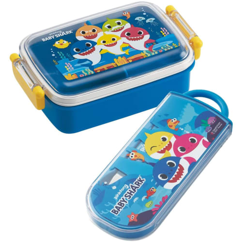 Skater Children's Lunch Box Trio Set Chopsticks Spoon Fork Kids Cutlery Antibacterial Treatment Easy to Open Slide Type Made in Japan Baby Shark Boys