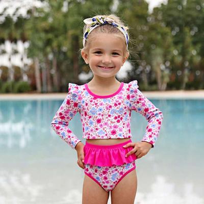 Mädchen Sonnenschutz Badeanzug Set Zweiteiliger Rashguard Langarm Badeanzug Tankini mit Bikinihose Blumendruck Kinder Strandbekleidung