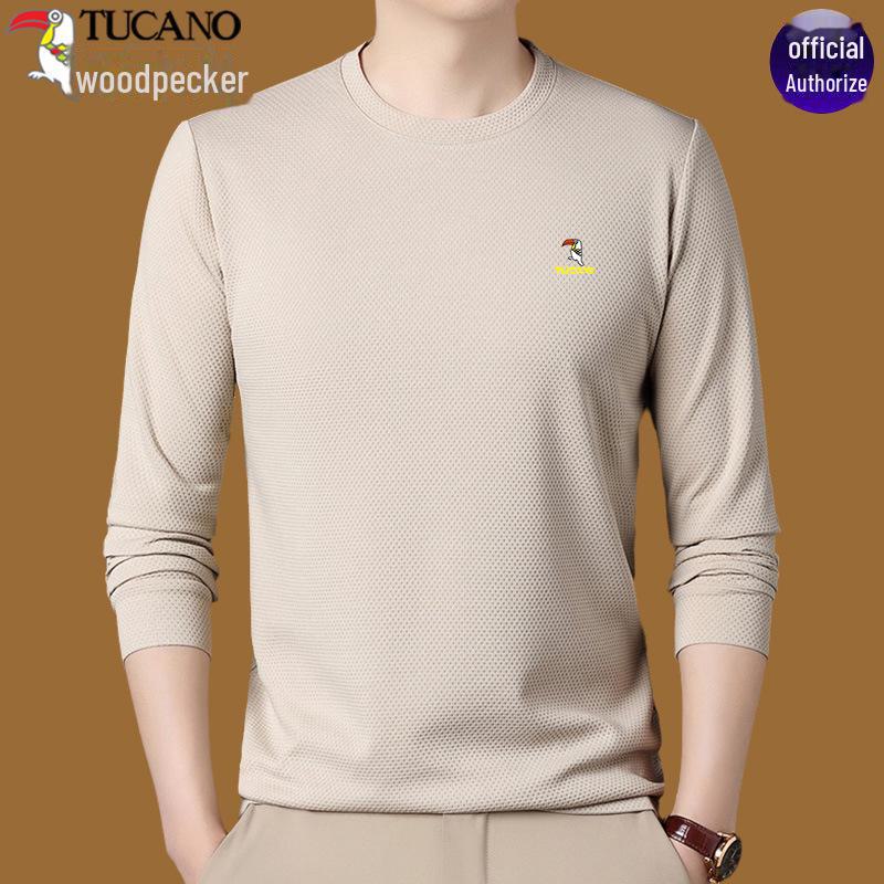 Woodpecker Men's Cotton Long-Sleeve T-Shirt for Midlife and Older - Spring/Autumn Base Layer