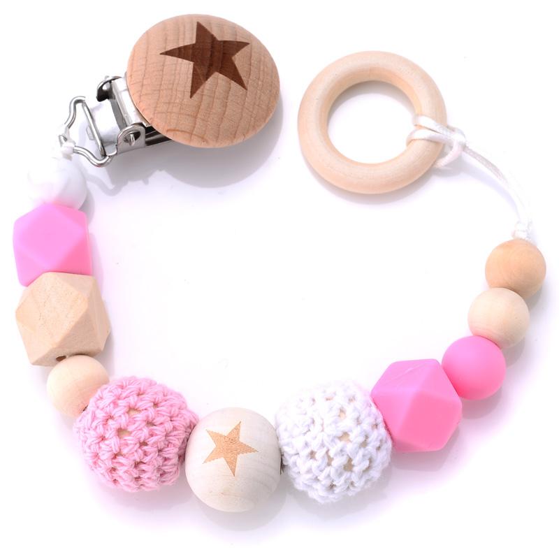 Baby Pacifier Clips Silicone Beads Wooden Crochet Ball Teething Ring Chain Nipple Clamp Dummy Holder Clip Chew Accessories