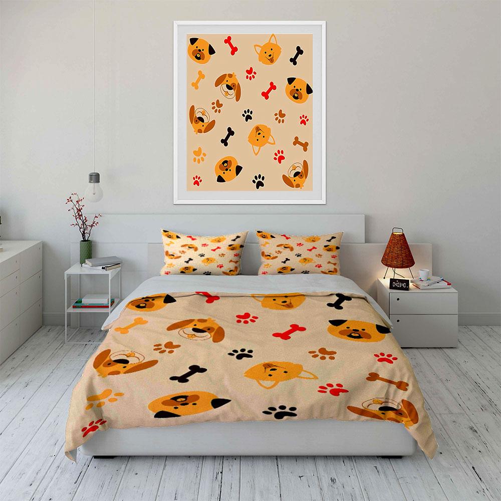 Cute Dog Faces and Paw Prints Bedding Duvet Cover Set Duvet Cover Pillowcases (1*Duvet Cover 2*Pillowcases, without duvet insert)