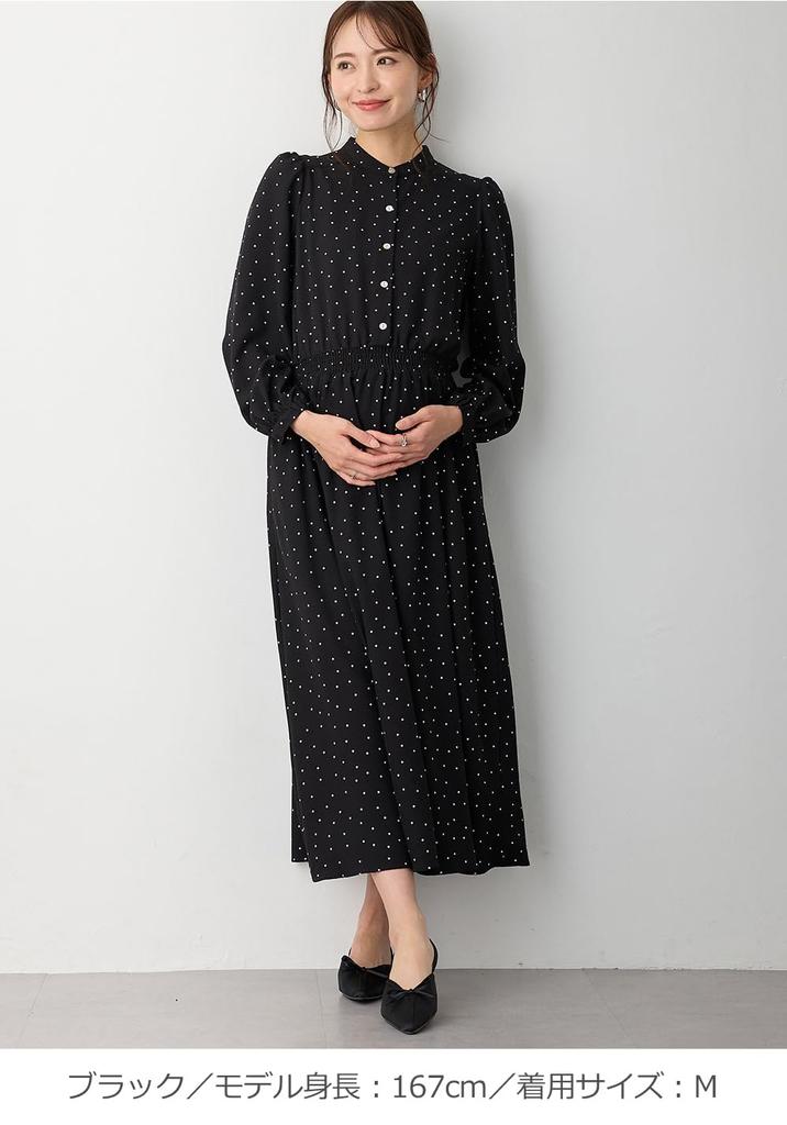 Maternity Band Waist Dot Long Open Polka Black 10492250 [ANGELIEBE] Dress, Collar, Shirring, Dress, Prenatal, Postnatal, Sleeve, Front, Nursing,