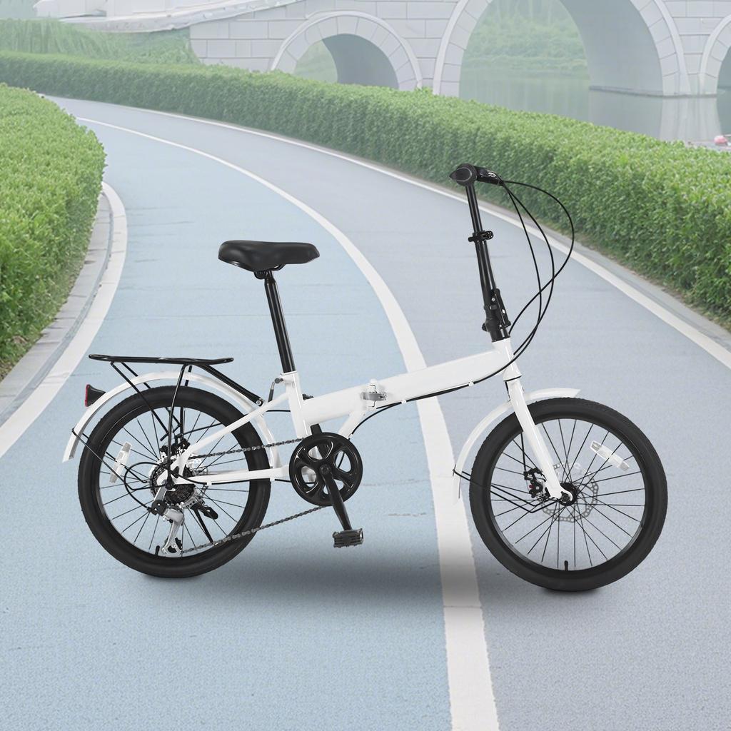 20In White Iron T-shaped 7-speed Seat Height Adjustable Folding Bicycle, City Bicycle with Disc Brake for Traveling & Exercising