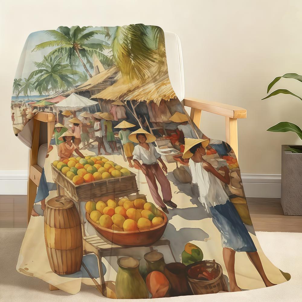 Vietnamese Village landscape illustration Blanket For Soft Throw Blanket for Picnic Bed Sofa Home Bedroom Cozy Warm Comfortable