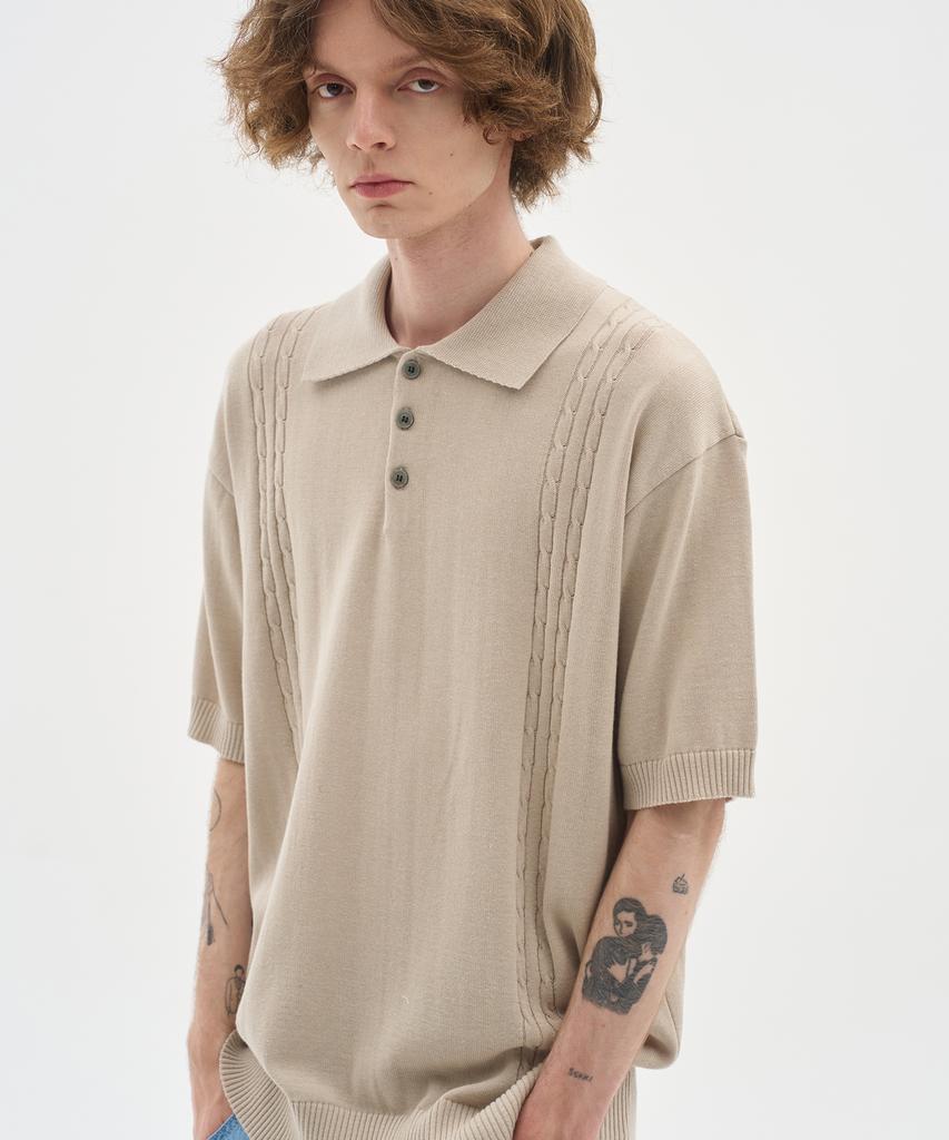 BLOND9 Soft Cable Collar Short Sleeve Knit_Beige