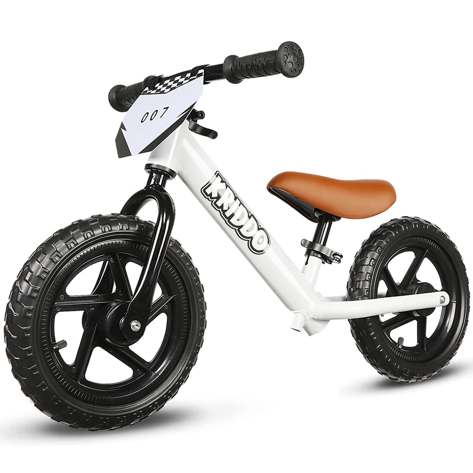 

KRIDDO Toddler Balance Bike 12-inch Pedal-Free Bicycle for 24 Months to 5 Years Old White Stable Design Customization Plate 3 Sticker Sets Gift for