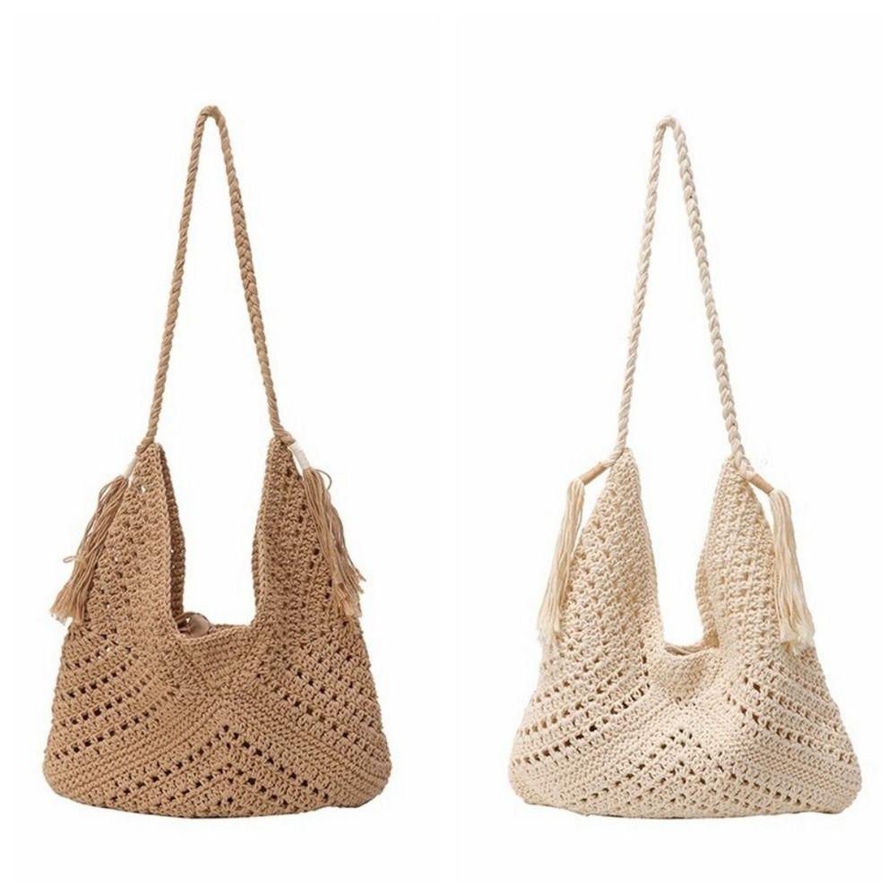 Vintage Bohemian Knitted Shoulder Bag Solid Color Cotton Thread Crochet Tote Bag Hollowed Storage Bag Weave Handbag Students
