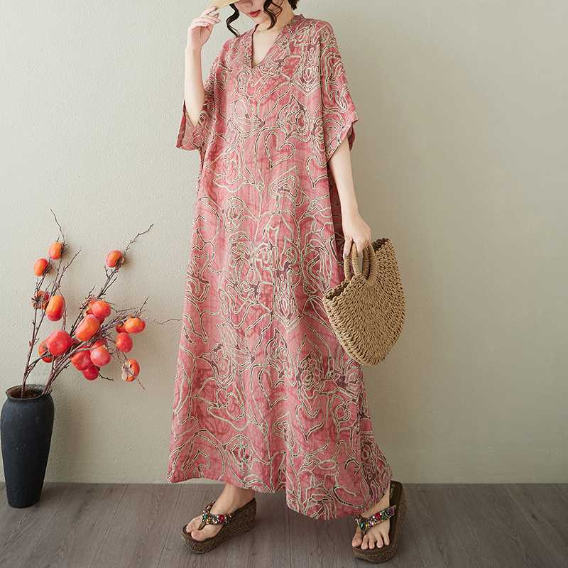 

Colorful Vacation Style Retro Long Skirt Cotton Linen Dress One size