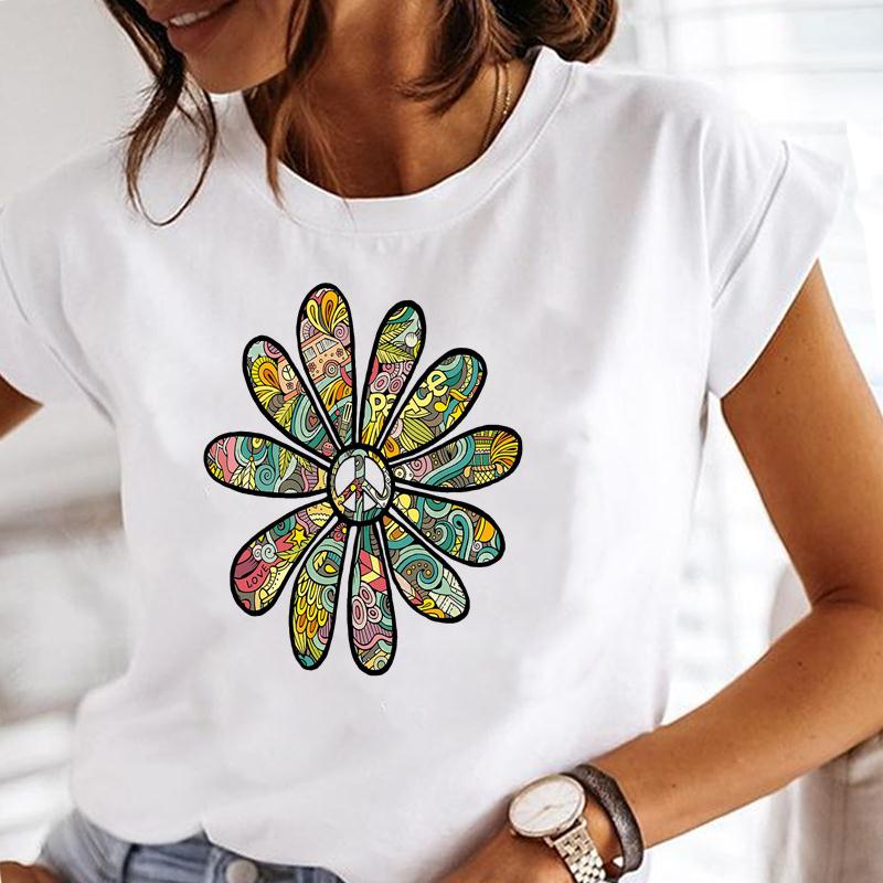 T-shirt Mode Été Haut Femme Manches Courtes Pissenlit Tendance Style Mignon Impression Mignonne T-shirt Dame Vêtement Féminin T-shirt Graphique Décontracté