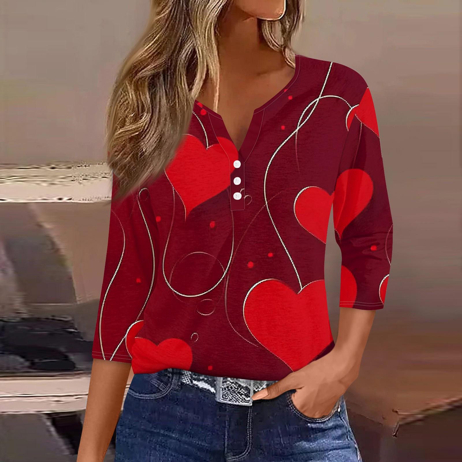 

Женская модная повседневная футболка с V-образным вырезом и декоративными пуговицами на День святого Валентина с рукавом три четверти L красный