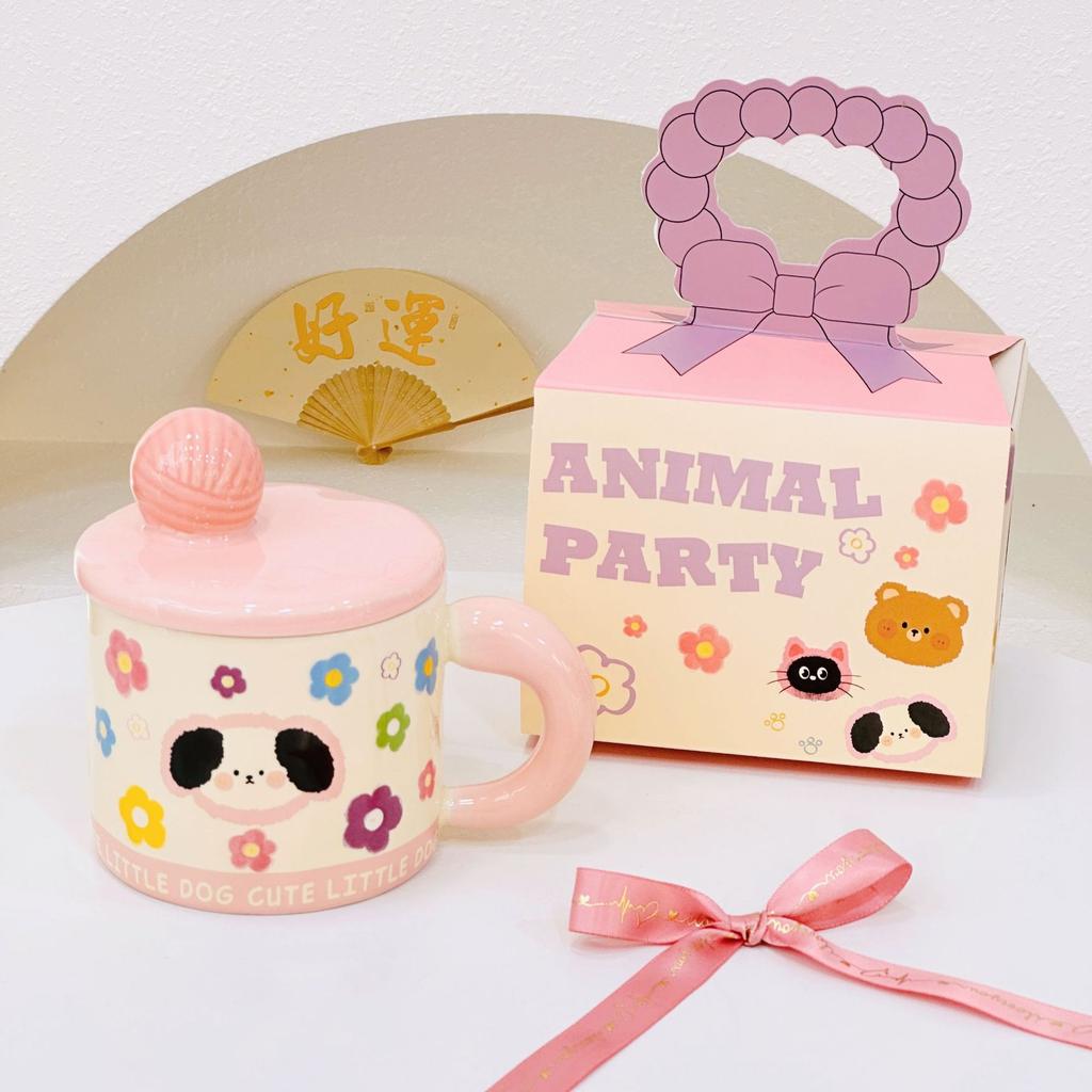 Girls' Heart Cute Cartoon Birthday Ceramic Mug Office High looking Water Cup with Lid Souvenir Gift Animal Cup