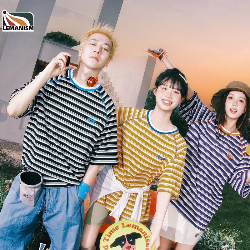 LEMANISM Unisex Color-Block Stripe Short-Sleeve T-Shirt